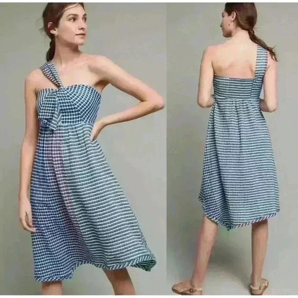 Anthropologie Dresses & Skirts - Anthro Maeve Waverly Gingham One Shoulder Dress size 6